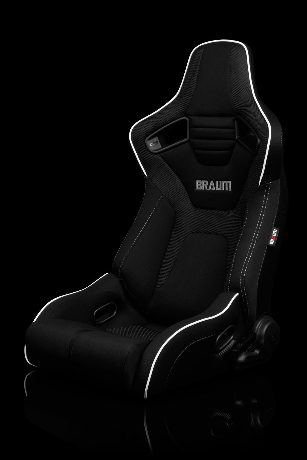 BRAUM ELITE-R SERIES RACING SEATS ( BLACK CLOTH | WHITE PIPING ) – PAIR (BRR1R-BFWP)