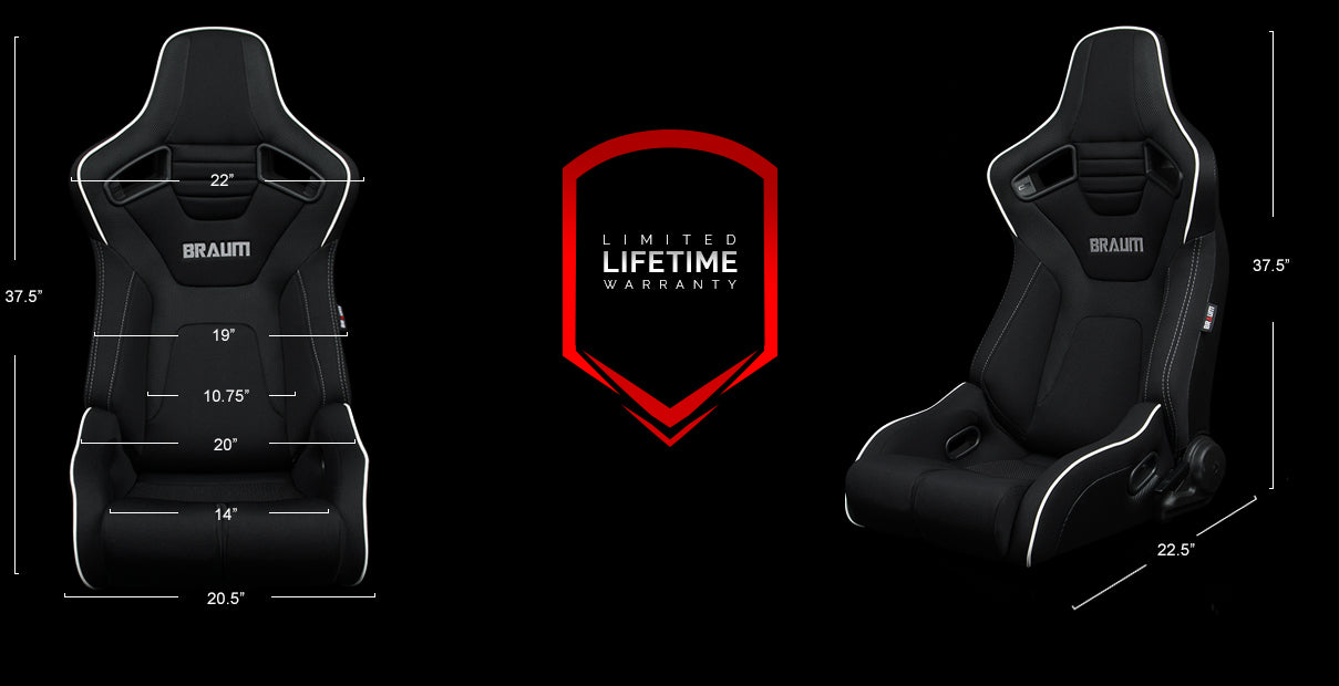 BRAUM ELITE-R SERIES RACING SEATS ( BLACK CLOTH | WHITE PIPING ) – PAIR (BRR1R-BFWP)