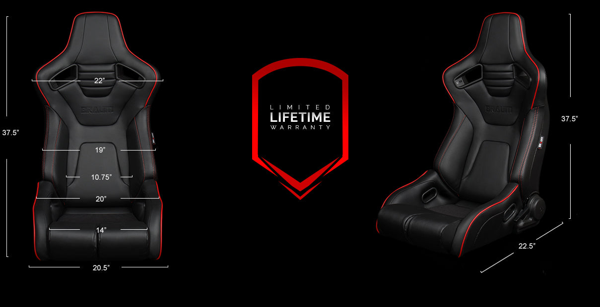 BRAUM ELITE-R SERIES RACING SEATS ( BLACK LEATHERETTE | RED PIPING ) – PAIR (BRR1R-BKRP)