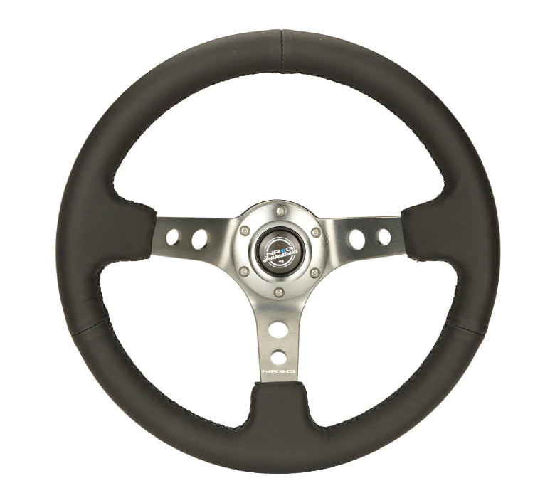 NRG Innovations 350MM 3" DEEP DISH WITH HOLES LEATHER Silver and Black