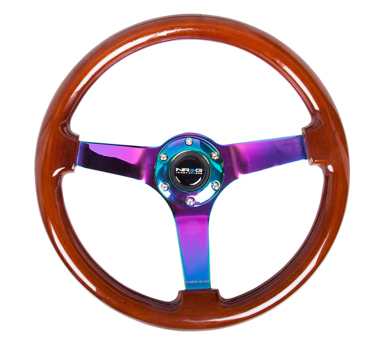 NRG Innovations 350MM 3" DEEP DISH WOOD GRAIN STEERING WHEEL Dark Wood and Neo Chrome