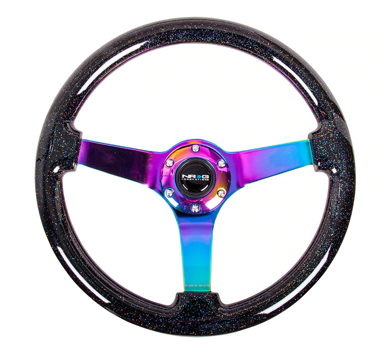 NRG Innovations 350MM 3" DEEP DISH WOOD GRAIN STEERING WHEEL Black Sparkle and Neo Chrome