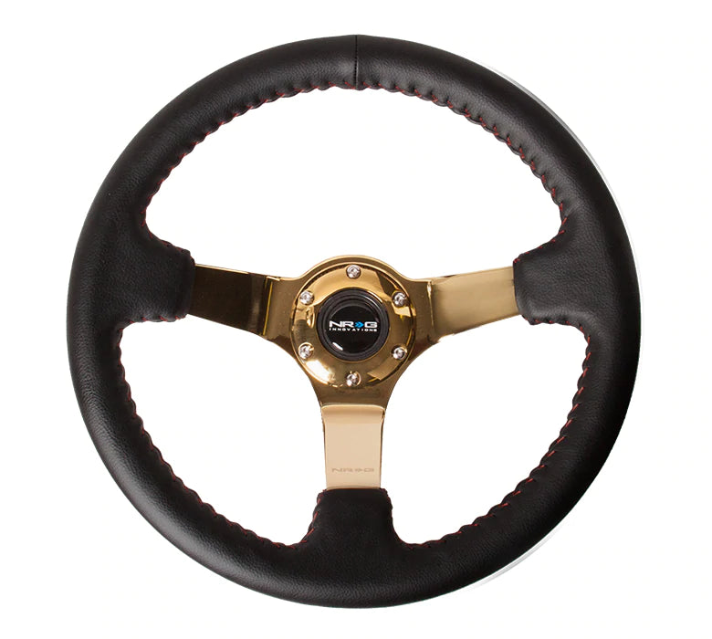 NRG Innovations 350MM DEEP DISH STEERING WHEEL LEATHER SOLID SPOKE Chrome Gold