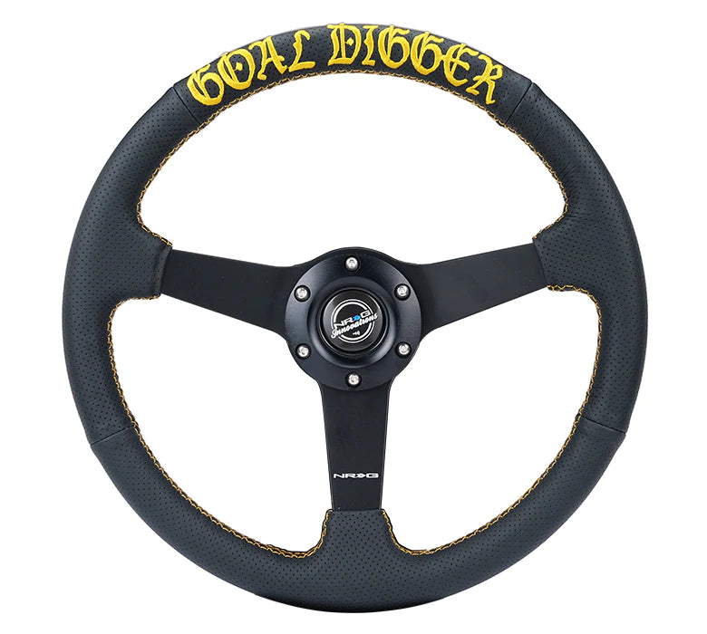 NRG Reinforced Steering Wheel (320mm) Sport Leather Dual Push Buttons Flat Bottom W/ Yellow Center N