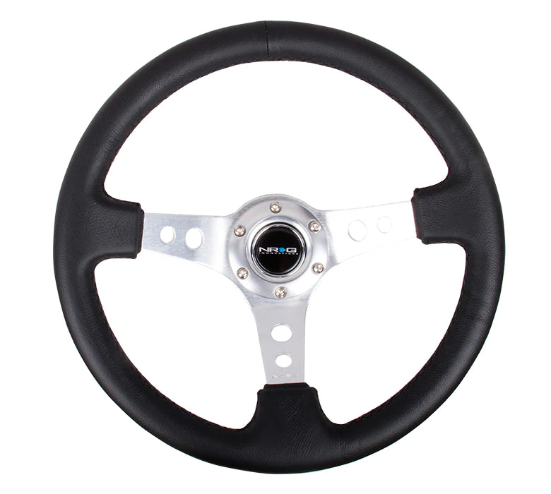 NRG Innovations 350MM 3" DEEP DISH WITH HOLES LEATHER Silver and Black