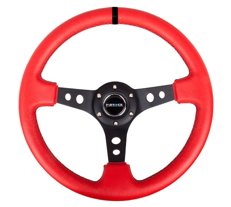 NRG Innovations 350MM 3" DEEP DISH WITH HOLES LEATHER Red and Black