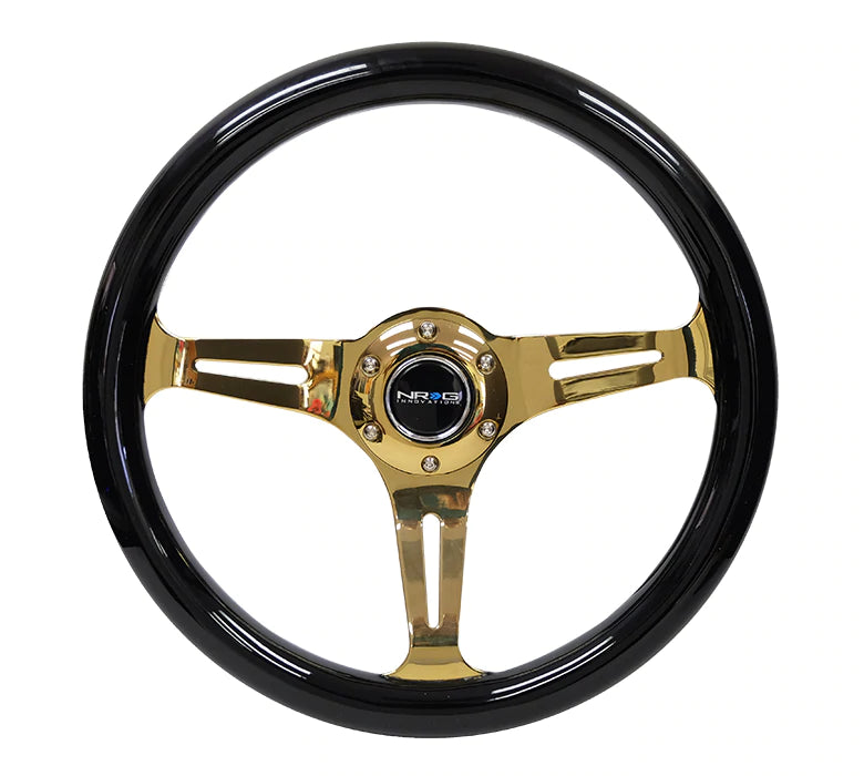 NRG Innovations 350MM 1.5" DEEP DISH WOOD GRAIN STEERING WHEEL Chrome Gold and Black