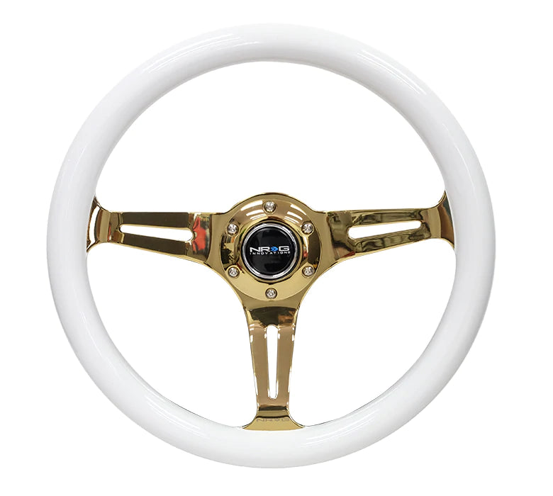 NRG Innovations 350MM 1.5" DEEP DISH WOOD GRAIN STEERING WHEEL Chrome Gold and White