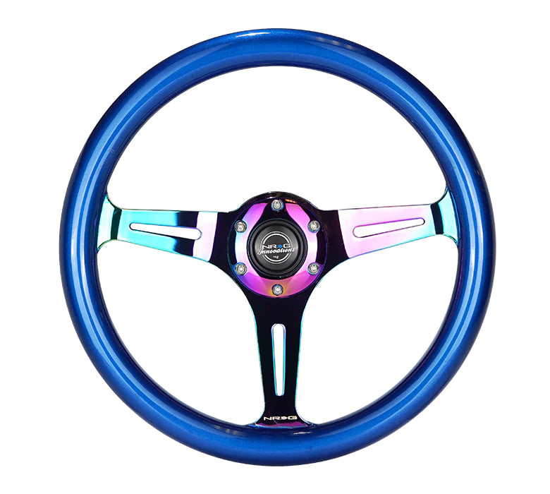 NRG Innovations 350MM 1.5" DEEP DISH WOOD GRAIN STEERING WHEEL Neo Chrome and Blue