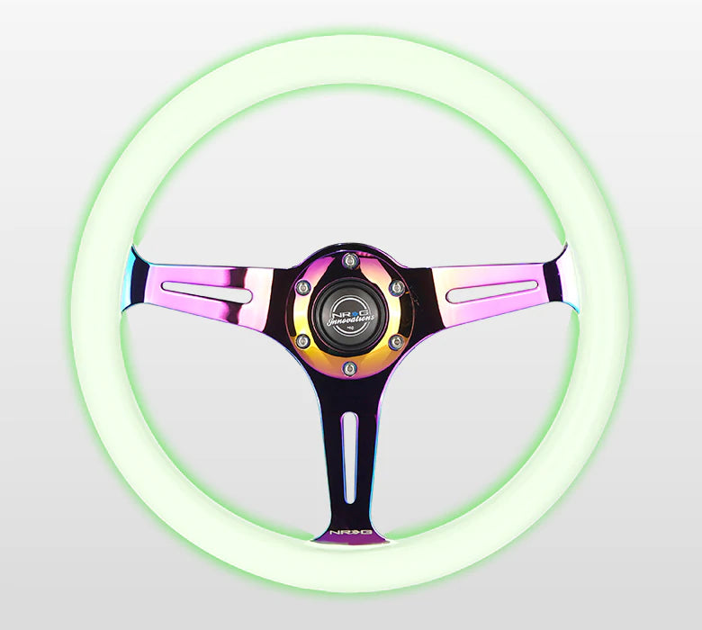 NRG Innovations 350MM 1.5" DEEP DISH WOOD GRAIN STEERING WHEEL Neo Chrome and Glow in the Dark