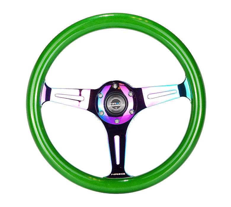 NRG Innovations 350MM 1.5" DEEP DISH WOOD GRAIN STEERING WHEEL Neo Chrome and Green