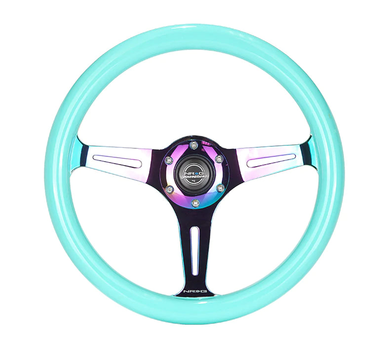 NRG Innovations 350MM 1.5" DEEP DISH WOOD GRAIN STEERING WHEEL Neo Chrome and Mint