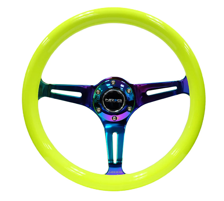 NRG Innovations 350MM 1.5" DEEP DISH WOOD GRAIN STEERING WHEEL Neo Chrome and Neon Yellow