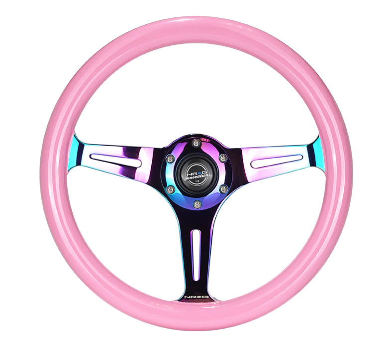 NRG Innovations 350MM 1.5" DEEP DISH WOOD GRAIN STEERING WHEEL Neo Chrome and Pink