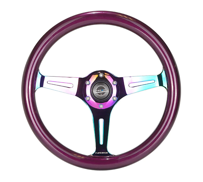 NRG Innovations 350MM 1.5" DEEP DISH WOOD GRAIN STEERING WHEEL Neo Chrome and Purple