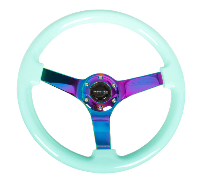 NRG Innovations 350MM 3" DEEP DISH WOOD GRAIN STEERING WHEEL Mint and Neo Chrome