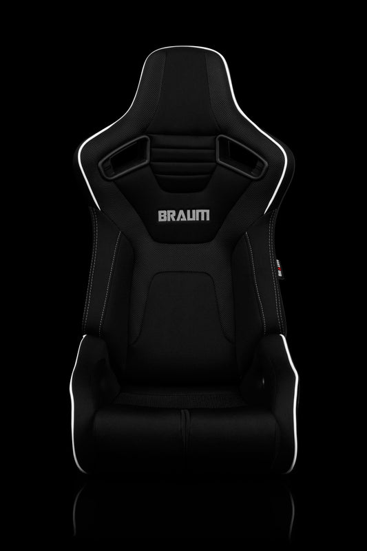 BRAUM ELITE-R SERIES RACING SEATS ( BLACK CLOTH | WHITE PIPING ) – PAIR (BRR1R-BFWP)