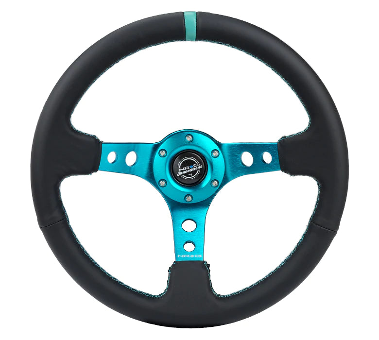 NRG Innovations 350MM 3" DEEP DISH WITH HOLES LEATHER Teal and Black