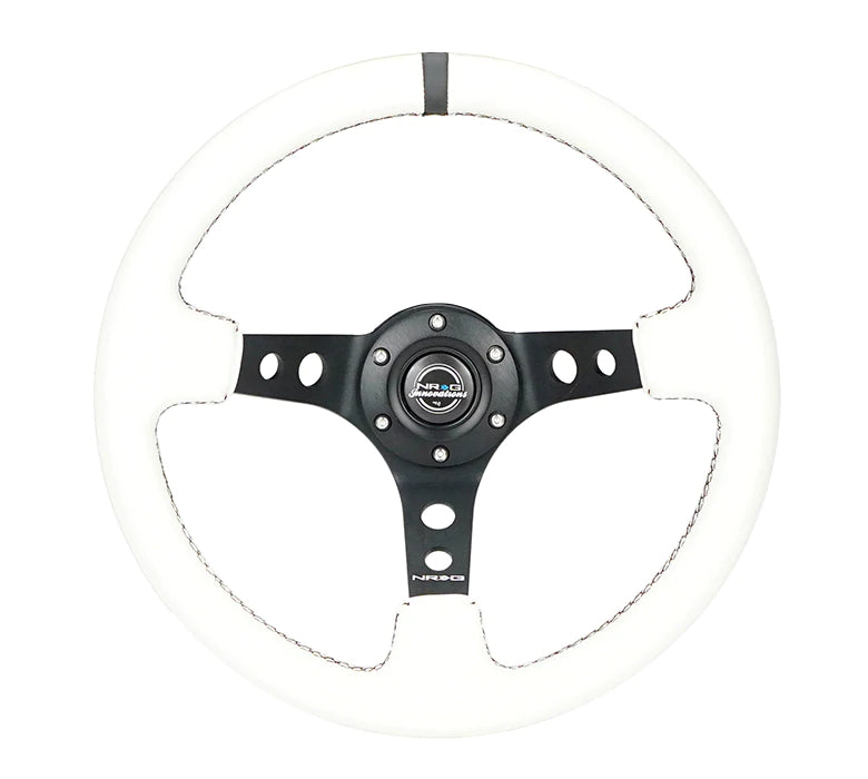 NRG Innovations 350MM 3" DEEP DISH WITH HOLES LEATHER White and Black