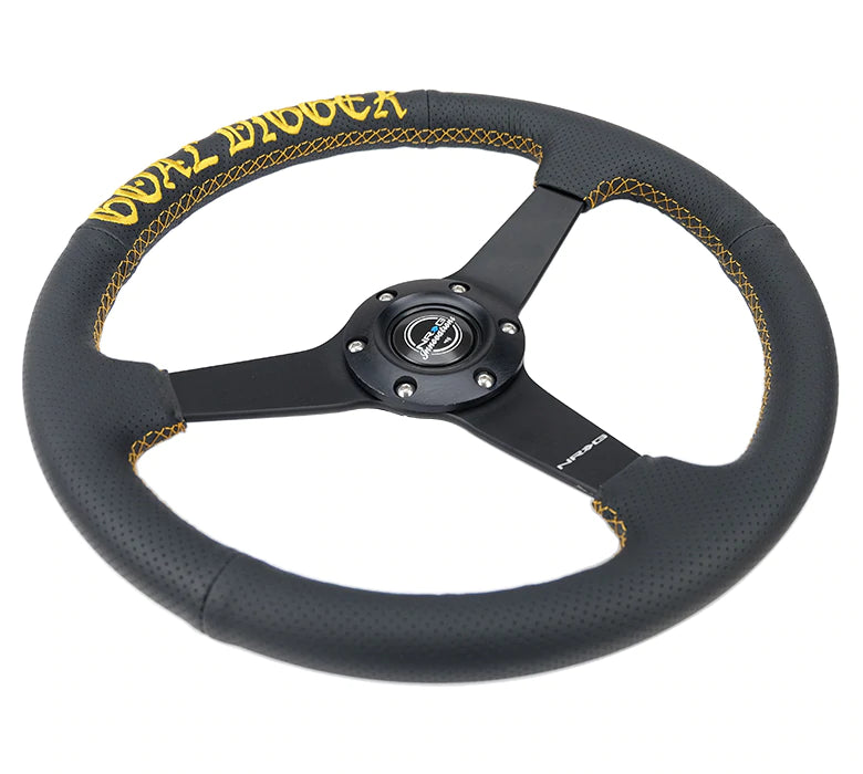 NRG Innovations 350MM FLAT STEERING WHEEL LEATHER Gold Digger