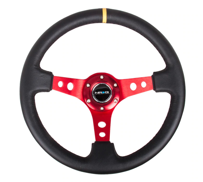 NRG Innovations 350MM 3" DEEP DISH WITH HOLES LEATHER Red with Yellow
